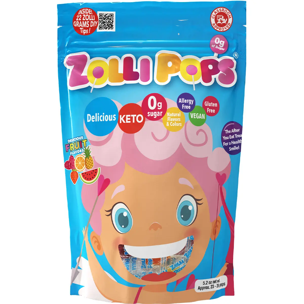 Valentine Cupid Zolli Popz Assorted Fruit Sugar Free Lollipops 5.2oz Resealable Pouch with 22 Zolli Grams Inside Candy Snack Sweet No Artificial Dyes