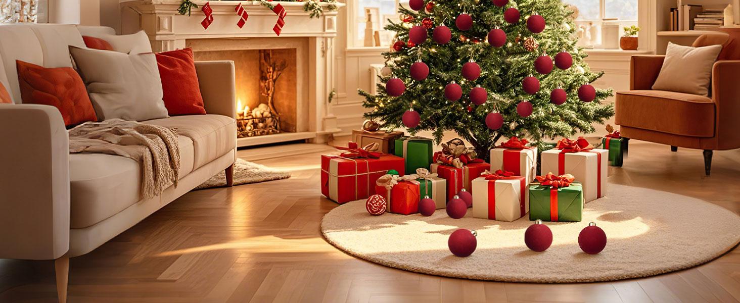 Brightown 15 Pcs Red Velvet Christmas Valentines Balls, 3.15 Inch Velvet Ornaments for Christmas Tree, Christma Tree Flocked Ornaments Balls for Family Holiday Wedding Party Xmas Hanging Decoration