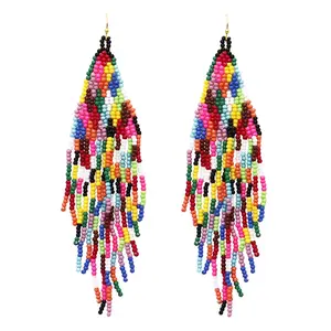 Colorful Rainbow Peyote Stitch Seed Bead Fringe Shoulder Duster Earrings, 5"