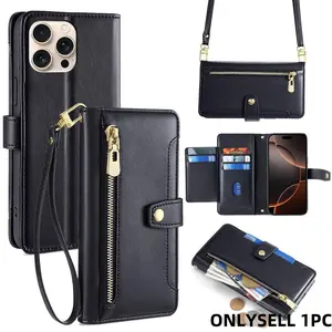 Flip Cover Card Holder Crossbody Phone Case for iPhone 17 Pro Max 16e 15 Pro 14 Plus 13 12 11 XS Max XR 7 8 6plus Air, Shockproof Full Protection