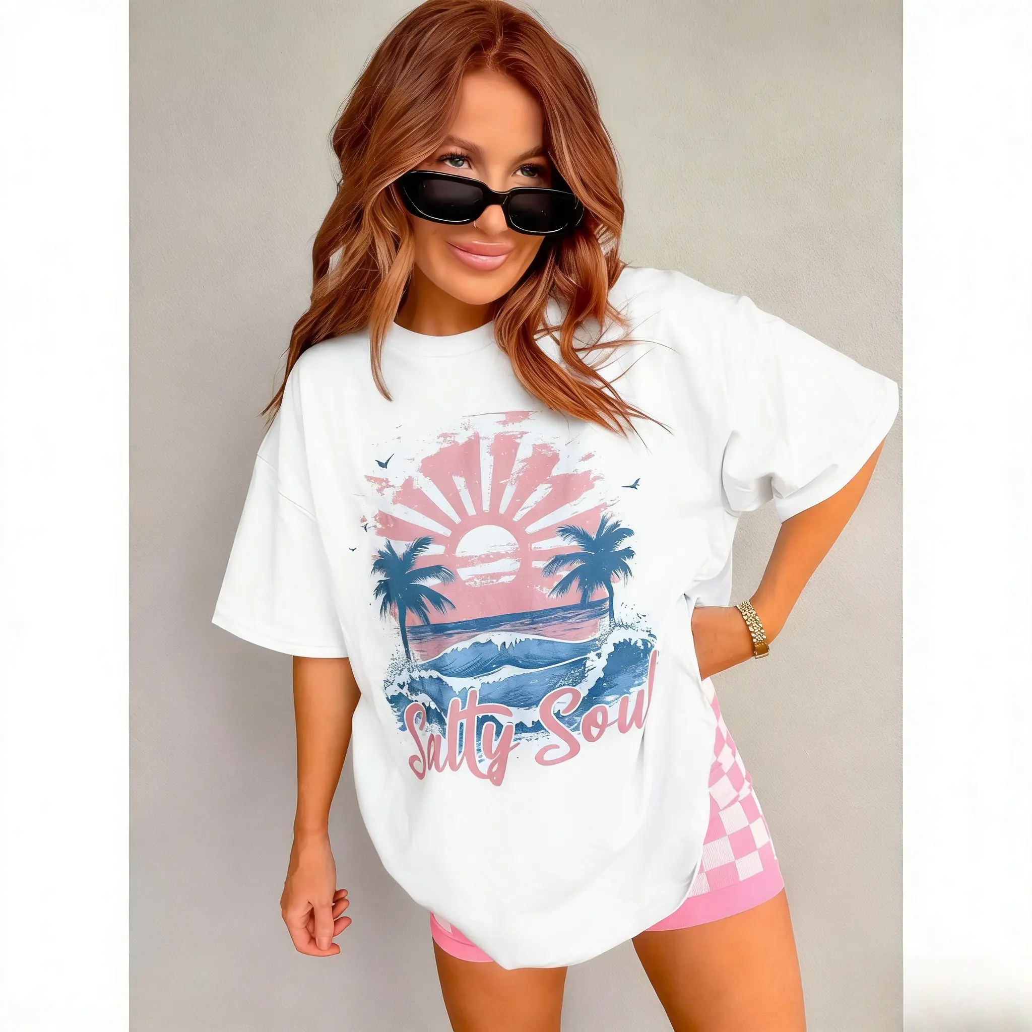 Unisex "Salty Soul" Beach Graphic T-Shirt Vintage Retro Sunset Palm Tree & Ocean Design Oversized Soft Cotton Crew Neck Top Casual Summer Streetwear Tee For Beach Lovers & Coastal Vibes Fans