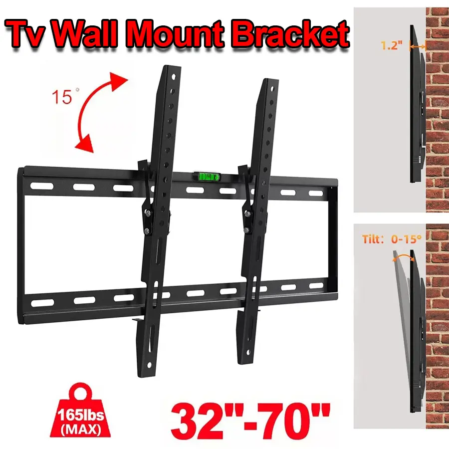 Anti Glare Black Tilt-Back TV Mount Bracket for 32-70 Inches LED, LCD, OLED 4K Flat & Curved TVs - 0-8° Tilt, 8" or 16" Wood Stud Walls Compatible, Max Load 99lbs