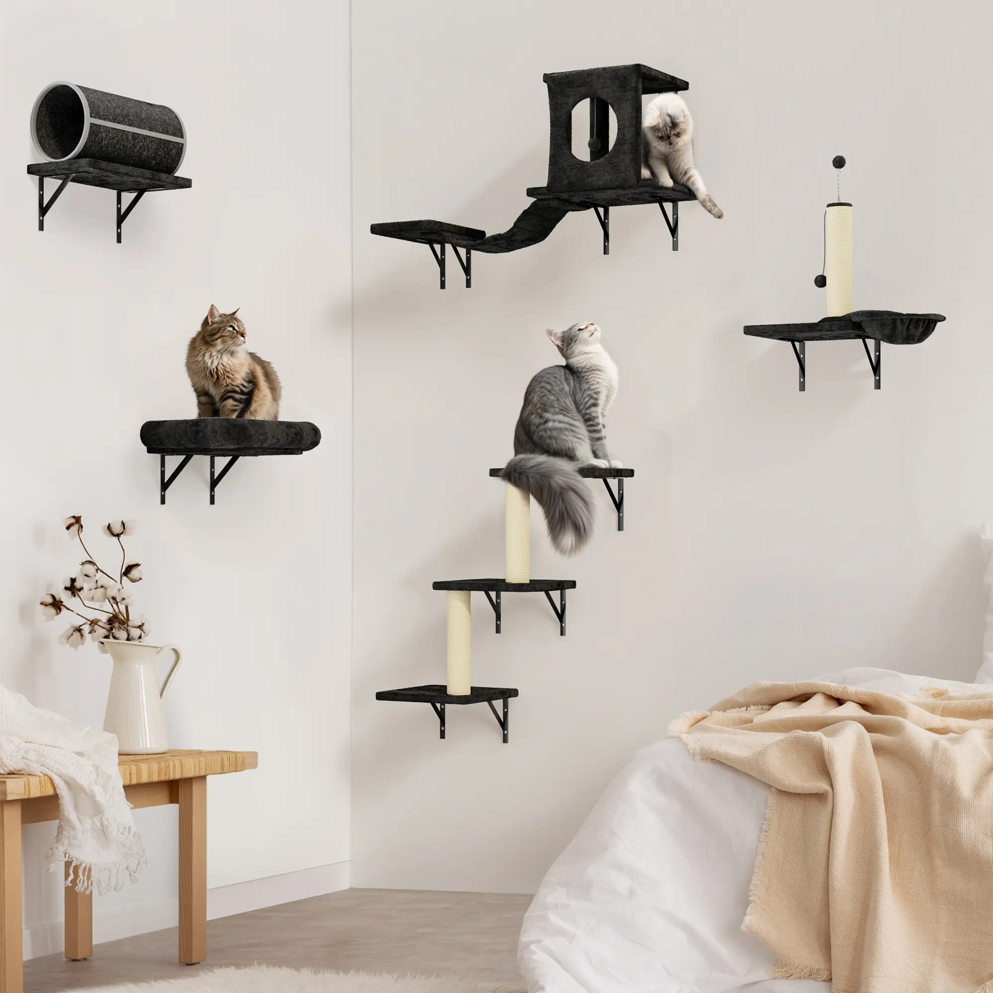7-in-1 Wall-Mounted Cat Climbing Shelves | Cat Playground with Bridge, Cat House, Scratching Post, Toys, and Soft Platform,,Summervibes