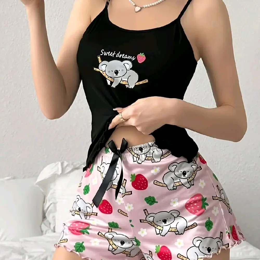 Women's Koala Print Pajamas Set - Sleeveless Top & Skirt, Comfortable Loungewear, Ideal for Spring Nightwear - Pyjamas, Womenswear, Homewear, Pjs
