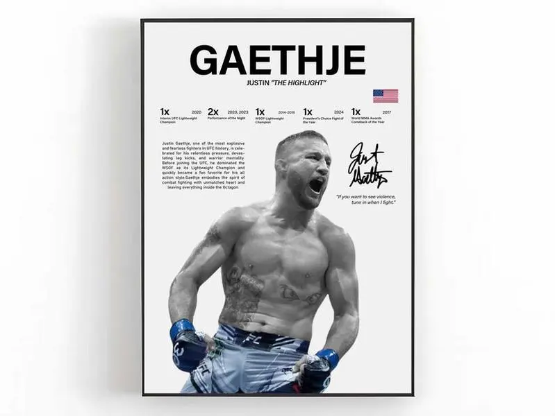 Justin Gaethje Poster UFC Wall Art MMA Print Sports Room Decor Fight Fan Gift