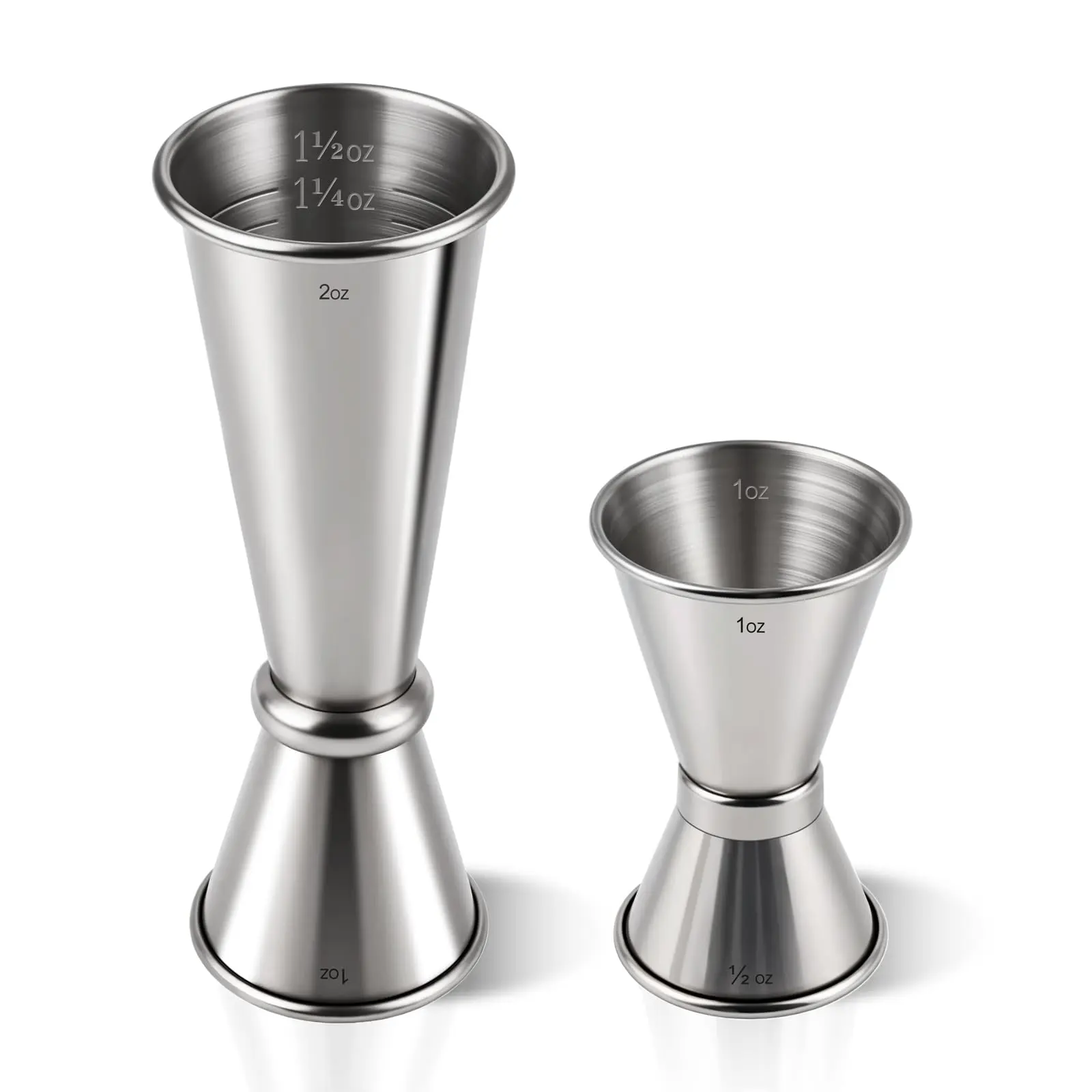 2 Pack Stainless Steel Cocktail Jiggers, Japanese Style Double Measuring Jigger Set, Double Sided Bar Measuring Cups for Bartending, 0.5oz/1oz & 1oz/2oz, Silver