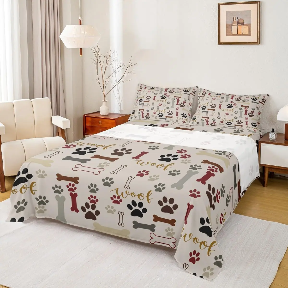 Dog Paw Print Sheet Set,Bone Pattern Bedding Set,Pet Animal Cartoon Bed Sheet Set Deep Pocket Fitted Sheet + Flat Sheet