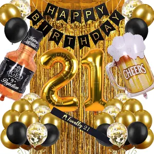 21st Birthday Party Decorations with Black & Gold Theme for Her/Him, Banner & Cake Supplies