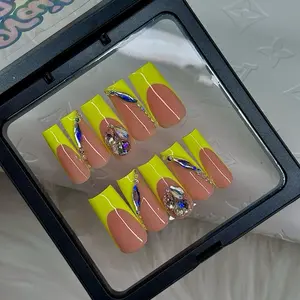 ACRYLIC Neon French Tip Moonlight Bling High Quality Hand Made Custom Press On Nails Long Medium Short Square Coffin Almond Stiletto