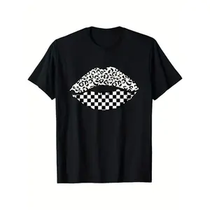 Cheetah Leopard Checkered Lip Racing Checkerboard T-Shirt - 100% Cotton, Soft & Comfortable Black Round Neck Design, Unique Pattern for Casual Wear, All-Season Leisure Sports, Holiday Gift, Dry Clean Only