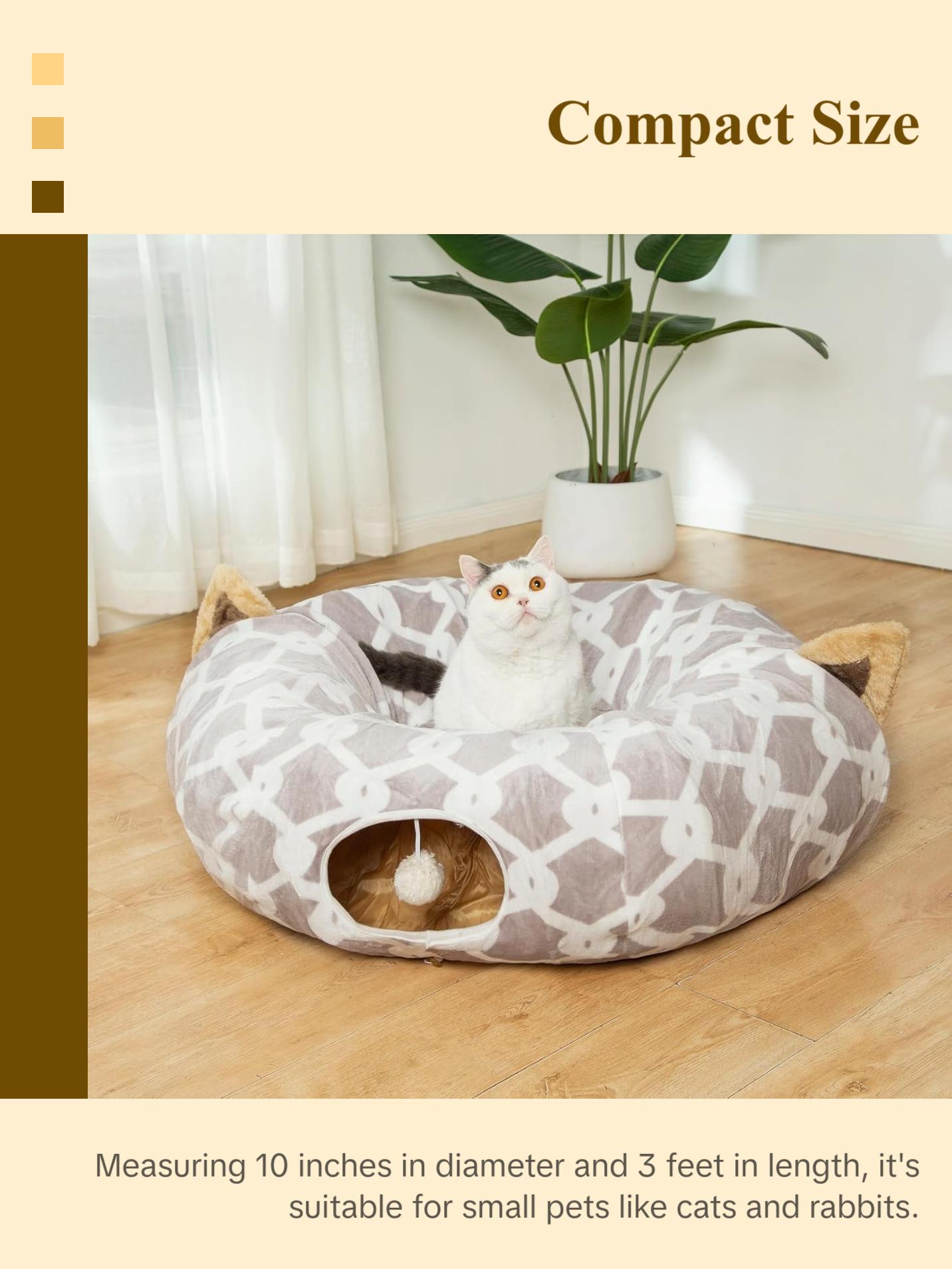 Large Cat Tunnel Bed with Plush Cover,Fluffy Toy Balls, Small Cushion and Flexible Design- 10 Inch Diameter, 3 Ft Length- Great for Cats, and Small Dogs, Gray Geometric Figure