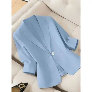 A women's solid color lightweight elegant Chic high-end three-quarter sleeve blazer, suitable for spring and summer, ideal for commuting and daily wear.RAIMENTRY