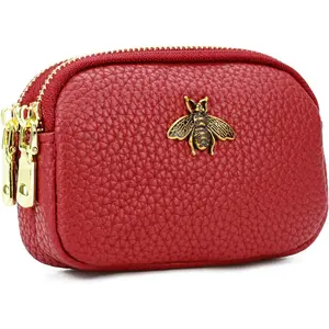 Leather  Purse for Women Small 2 Zipper Change Wallet with Key Ring Card Key   Holder Pouch(Red)