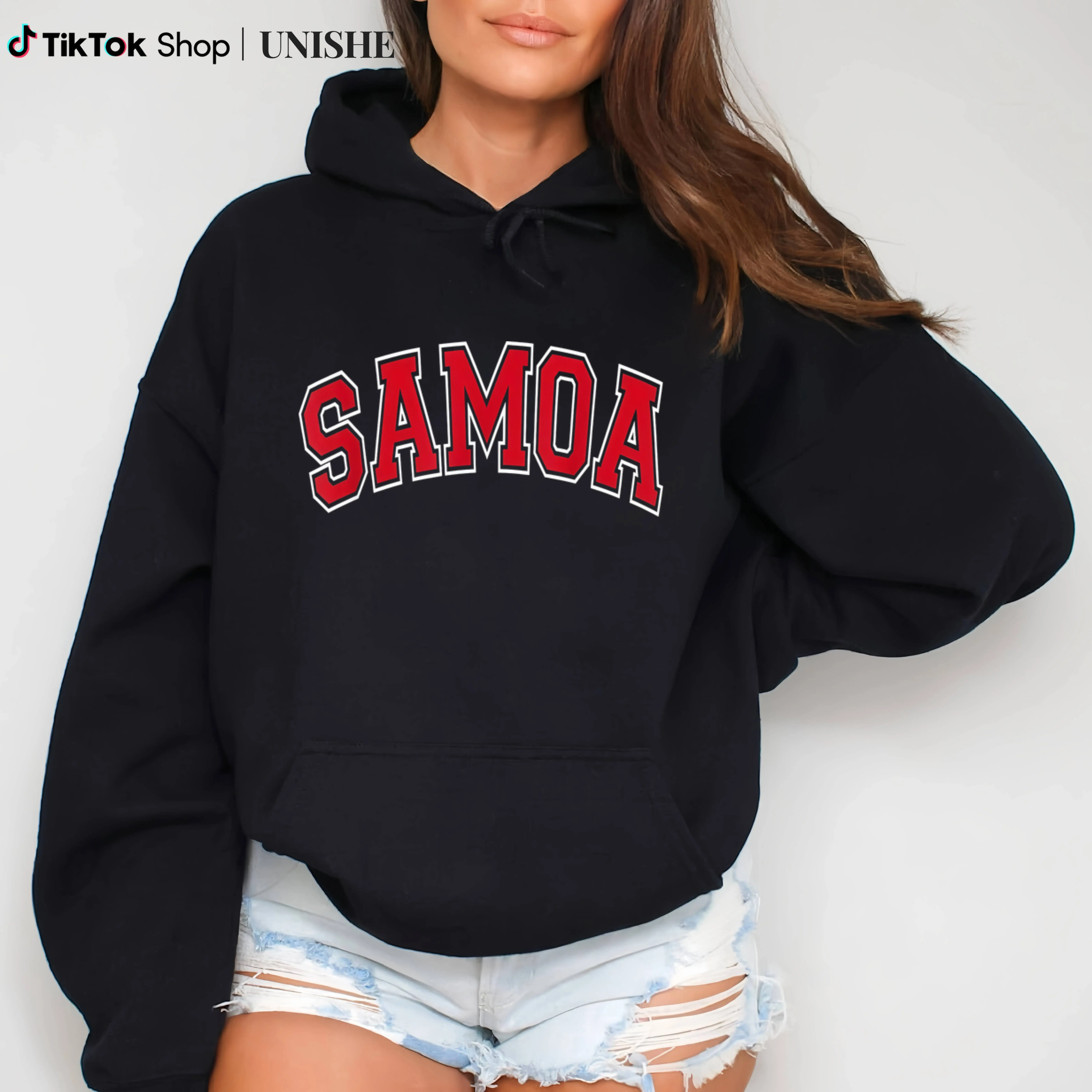 Samoa Hoodie with Arched Red Text – Cozy Long Sleeve Style