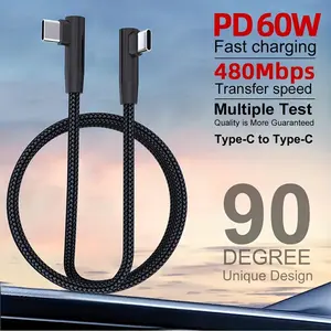 1pc/3pcs LAIHONEN Angled USB-C to USB-C data cable, 6.6ft, 60W USB data cable, 90-degree right-angle Type-C fast charging cable, durable braided, compatible with smartphones/laptops (black)