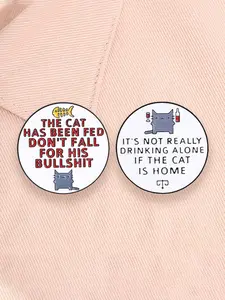 2pcs/set Cute Cat Pusheen Enamel Pins Funny Quotes The Cat Has Been Fed Don't Fall For His Bullshit It's Not Really Drinking Alone If The Cat Is Home Alloy Brooch Lapel Backpack Clothing Decor Badge Fashion Jewelry Accessories Gift for Friends