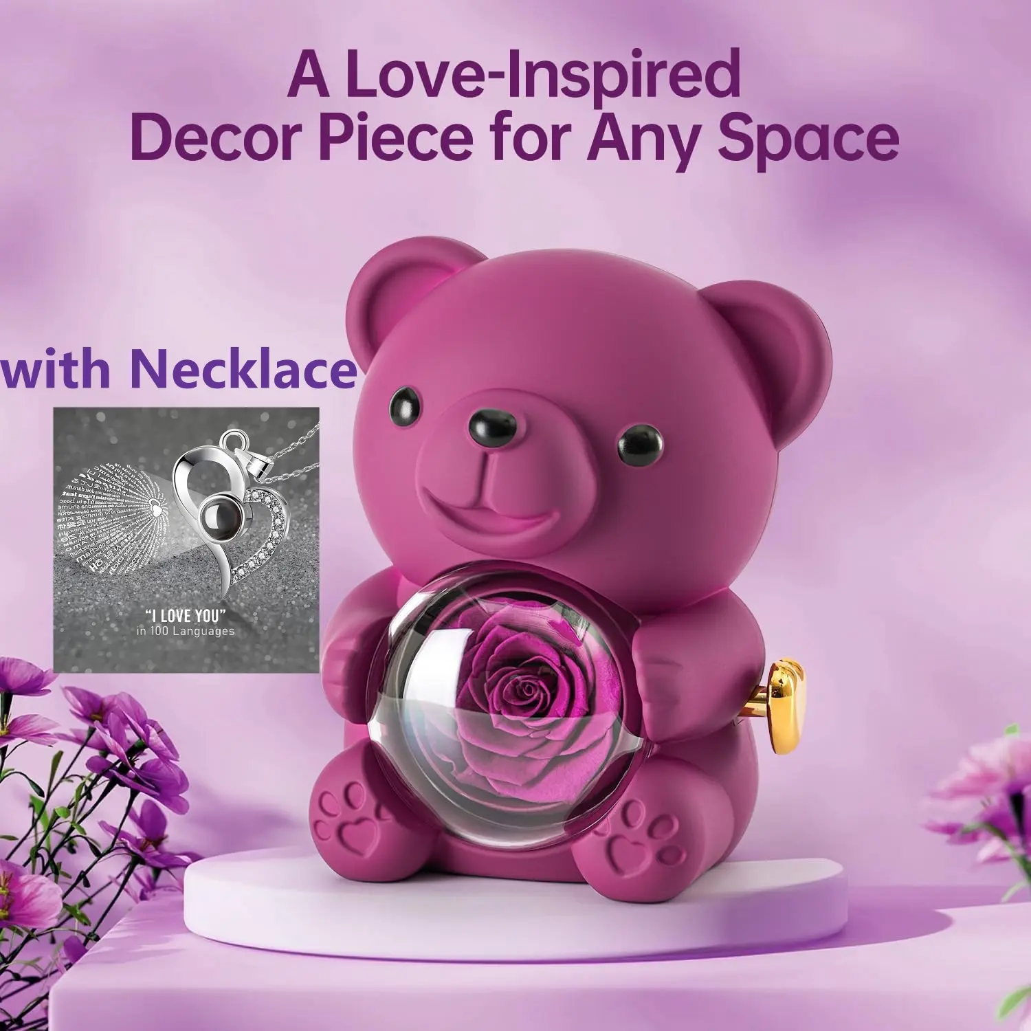 Cute Teddy Bear Necklace with Elegant Rose Flower, Romantic Gift for Her, Perfect for Mother's Day gifts， Easter ， Weddings, Anniversaries, Christmas, Party Gifts