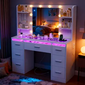 Modern Makeup Vanity Desk with Mirror and Lights White Vanity with Glass Top LED Lights Power Outlet RGB Drawers Adjustable Lighted Dressing Table for Girls Bedroom