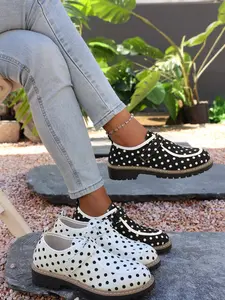 Women's Thick Sole Slip-Resistant Shoes, Polka Dot Velcro Round Toe Casual Sneakers, College Style Daily Commute Footwear