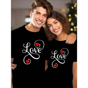 Love Pure Cotton Couple Short Sleeve T-Shirts, Romantic "Love" Heart Graphic Design, Soft Comfortable Fit, Ideal for Matching Couples, Casual Wear, Valentine's Day Gift, Anniversary Celebration, Gift for Lovers, Everyday Wear, Couple Fashion