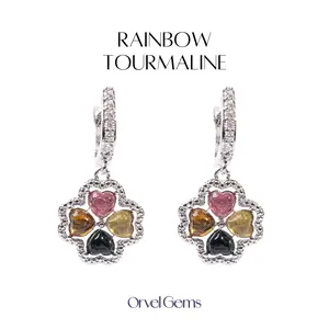 Natural Rainbow Tourmaline Rare Clover Earrings | Heart-Shaped Flower Crystal Hoop Earrings — Ideal for Daily Wear, Dates & Gift-Giving