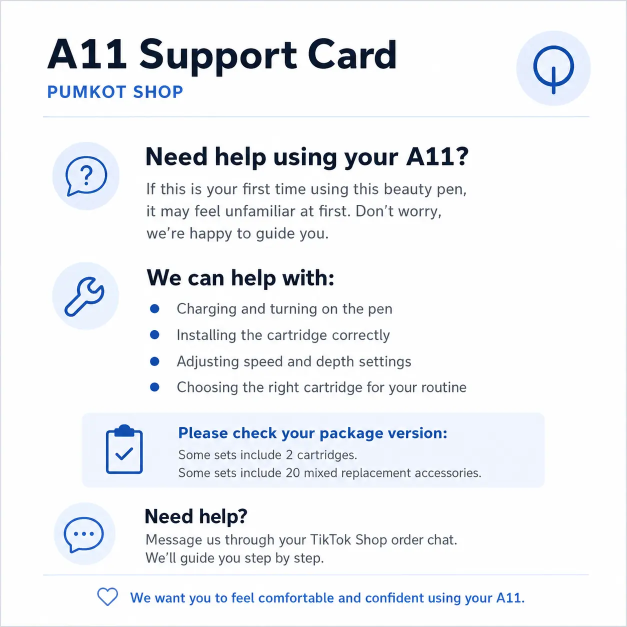 A11/M8S Beauty Pen Quick-Start Support Card - Beginner Tutorial for Charging, Cartridge Installation, Speed Settings (No Complex Setup Guidance Needed)
