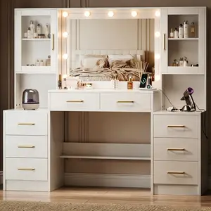 58.3”Vanity Desk with Mirror and Replaceable Lights & Charging Station,Bedroom Dressing Table,Large Vanity Set,8 Drawers and 2 Cabinets,Makeup Vanity Table with Charging Station,Without Stool
