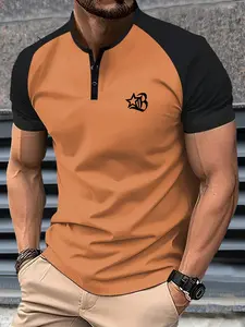 Summer Thin Men's Short Sleeve T-Shirt with Shoulder and Cuff Design Henry Shirt Personality Trendy Pattern Printing Comfortable for Travel Vacation Versatile Casual Outdoor Sports Men's Bottoming Shirt Muscle Slim Polo Athletic Yoga Tops
