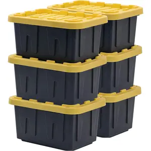 BLACK & YELLOW, 5-Gallon Heavy Duty Tough Storage Container & Snap-Tight Lid, (8.6"H x 12.3"W x 16.4"D), Weather-Resistant Design and Stackable Organization Tote [6 Pack]