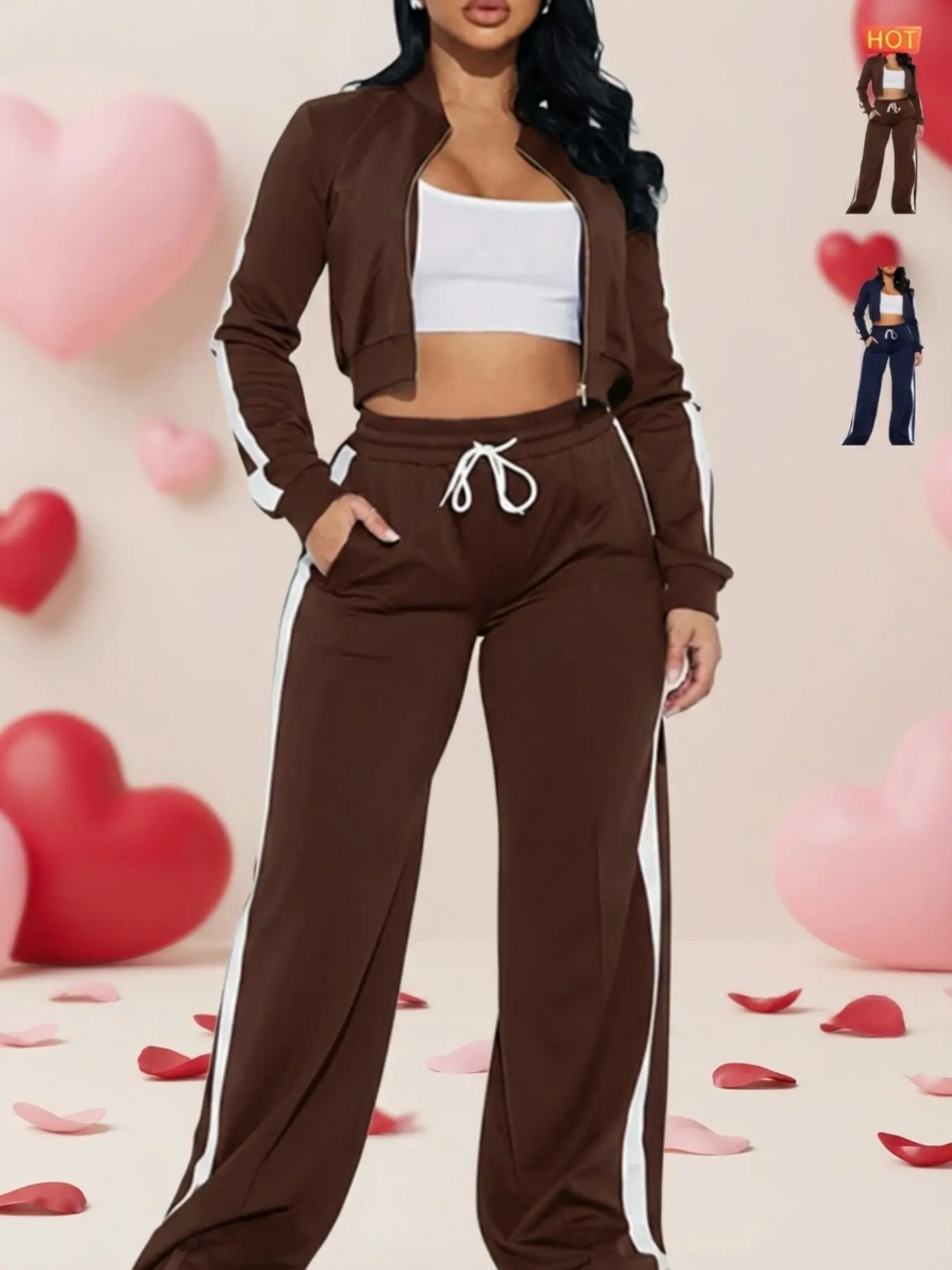 Fashion Two-Piece Sports Set, Short Zipper Jacket + Side Stripe Wide Leg Pants, Streetwear & Casual, Casual Activewear Set, Sweatsuit Outfits, Workout Casual Wear, Sporty Style Outfits
