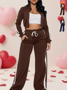 Fashion Two-Piece Sports Set, Short Zipper Jacket + Side Stripe Wide Leg Pants, Streetwear & Casual, Sweatsuit Outfits