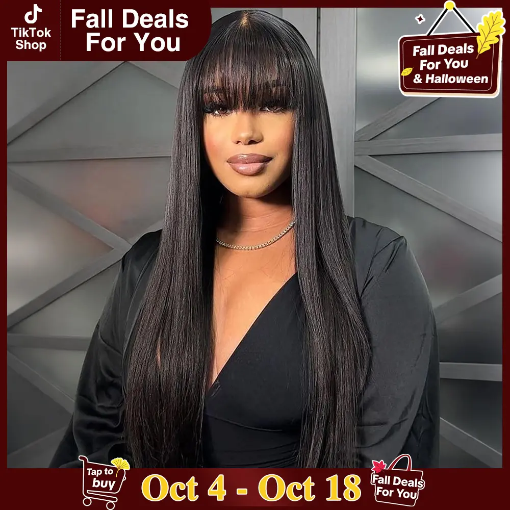 STERLY Glueless Human Hair Wig with Bangs 180% Density 2x4 lace Closure Wigs Middle Part Lace Wig Loose Body Wave Machine Made Wigs for Women Yaki Straight Front Wig Brazilian Hair Wigs HD Transparent Lace Wigs #tiktokshopstockup