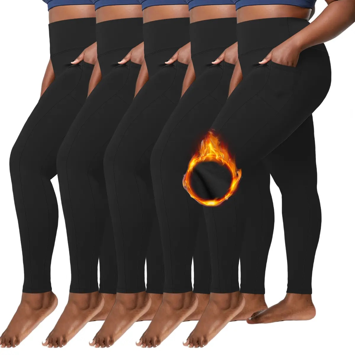 Women's Leggings Set of 3, High Waisted Fleece Lined Thermal Pants with Pockets, Winter Compression Athleisure Bottoms, High Waisted Compression, Sports Stretchy Leggings, Plus Size Fashion, Elastic Waistband, Workout, Style, Fleece Lined Leggings
