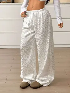 Women's Ice Silk Leopard Print Wide Leg Pants, Casual Loose-Fitting Long Pants, Elastic Waist, All Seasons, Fashionable and Versatile Womenswear