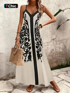 Women's casual seaside vacation loose spaghetti strap V-neck long printed dress, perfect for going out or wearing on the beach
