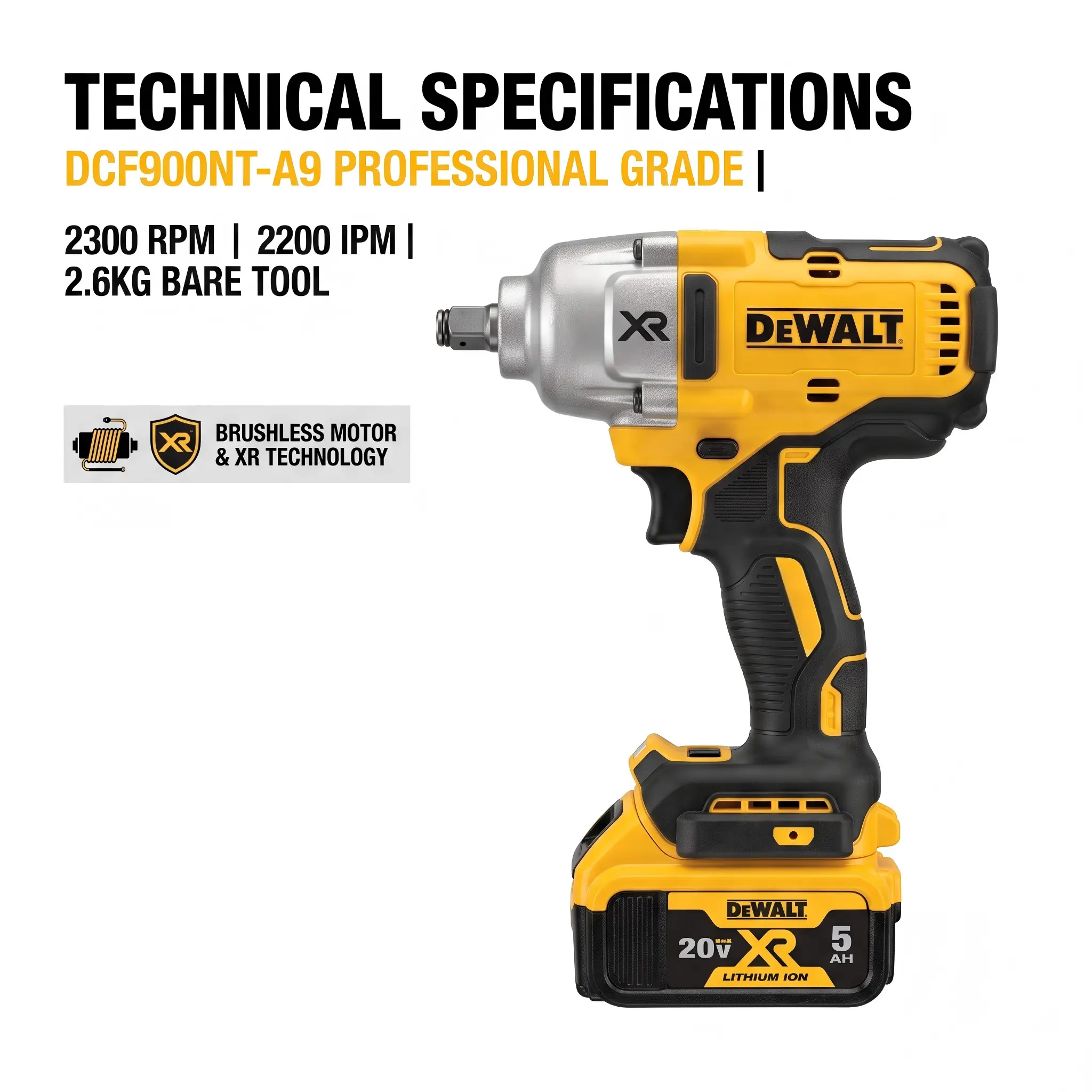 DEWALT DCF900NT 20V Brushless Impact Wrench - 1/2" Hog Ring Anvil, 1898Nm High Torque, 0-2300 RPM Variable Speed, Detachable Li-Ion Batteries, Heavy Equipment/Truck Tire Removal Mechanic Hand Tool nm cordless job site mechanical work screwdriver