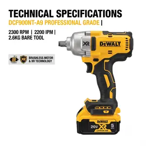 DEWALT DCF900NT 1/2″ Impact Wrench 20V | Brushless High Torque 1898Nm Truck Tire Removal mechanic hand tool maximum cordless variable speed controller diy use electric no-load capacity task power tool li-ion battery detachable input big m hog ring anvil