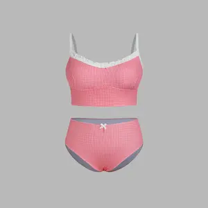 Cider Gingham Bowknot Lettuce Trim Tankini Full Coverage Bikini Set Curve & Plus