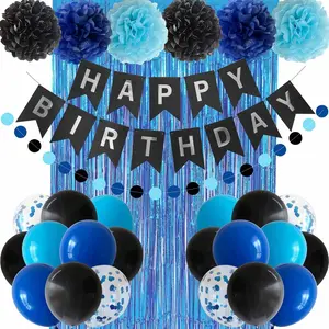 ANSOMO Blue and Black Happy Birthday Party Decorations for Boys Men Banner Balloons Navy Royal Light Blue Pom Poms Foil Curtain Décor Supplies 13th 16th 18th 20th 30th 40th 50th 60th 70th 80th