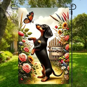 Charming Dachshund & Butterfly Welcome Garden Flag - Double-Sided, Waterproof Polyester, Perfect for Porch & Yard Decor, 18x12 Inches, No Pole Included