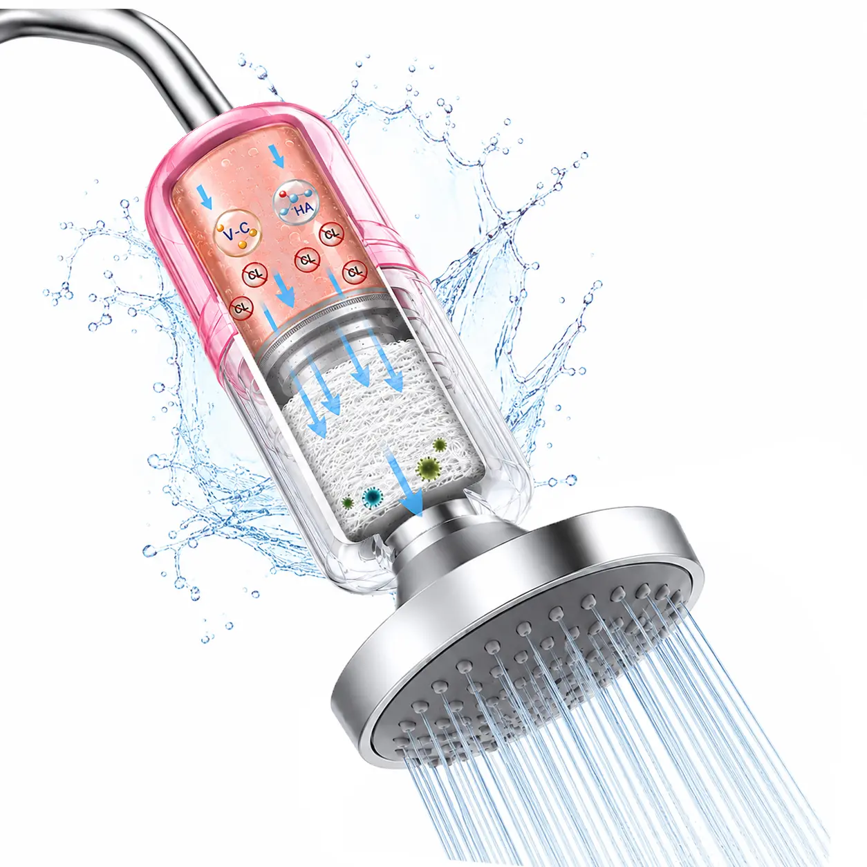 Vitamin C shower filter—essential for summer; moisturizes skin and conditions hair; removes chlorine and impurities; safe ingredients; can be installed on fixed showerheads and handheld showers; suitable for the whole family, including babies; reduces dry