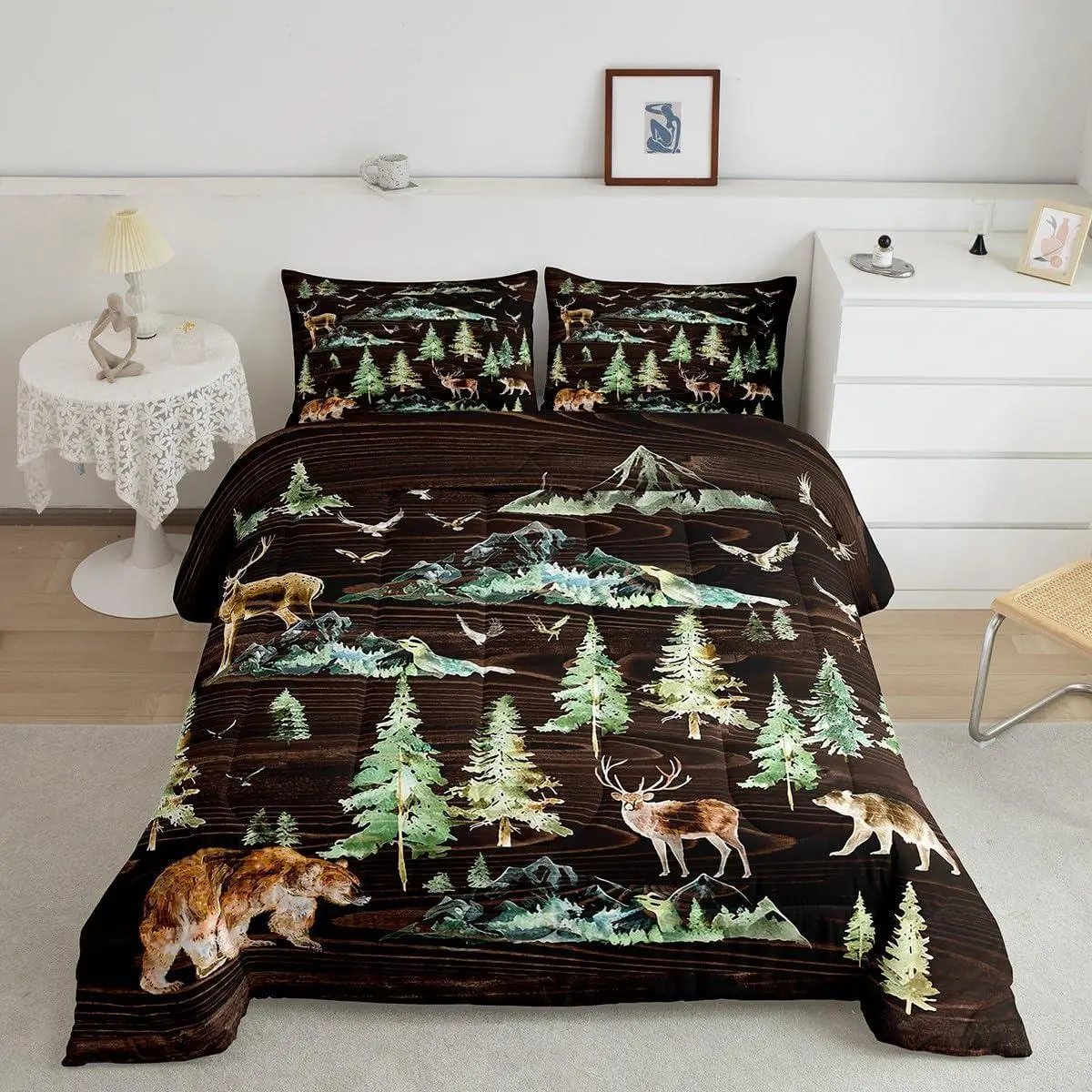 Hunting Deer Bear Comforter Set Rustic Farmhouse Bedding Set Adults,Mountain Tree Duvet Quilt Breathable Soft Room Decor