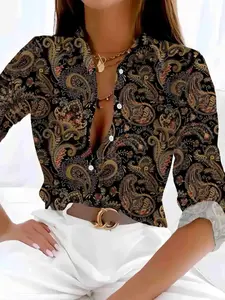 Women's All Over Print Collared Shirt, Casual Fashion Shirt, Elegant Long Sleeve Top for Daily Wear, Ladies Clothes for All Seasons