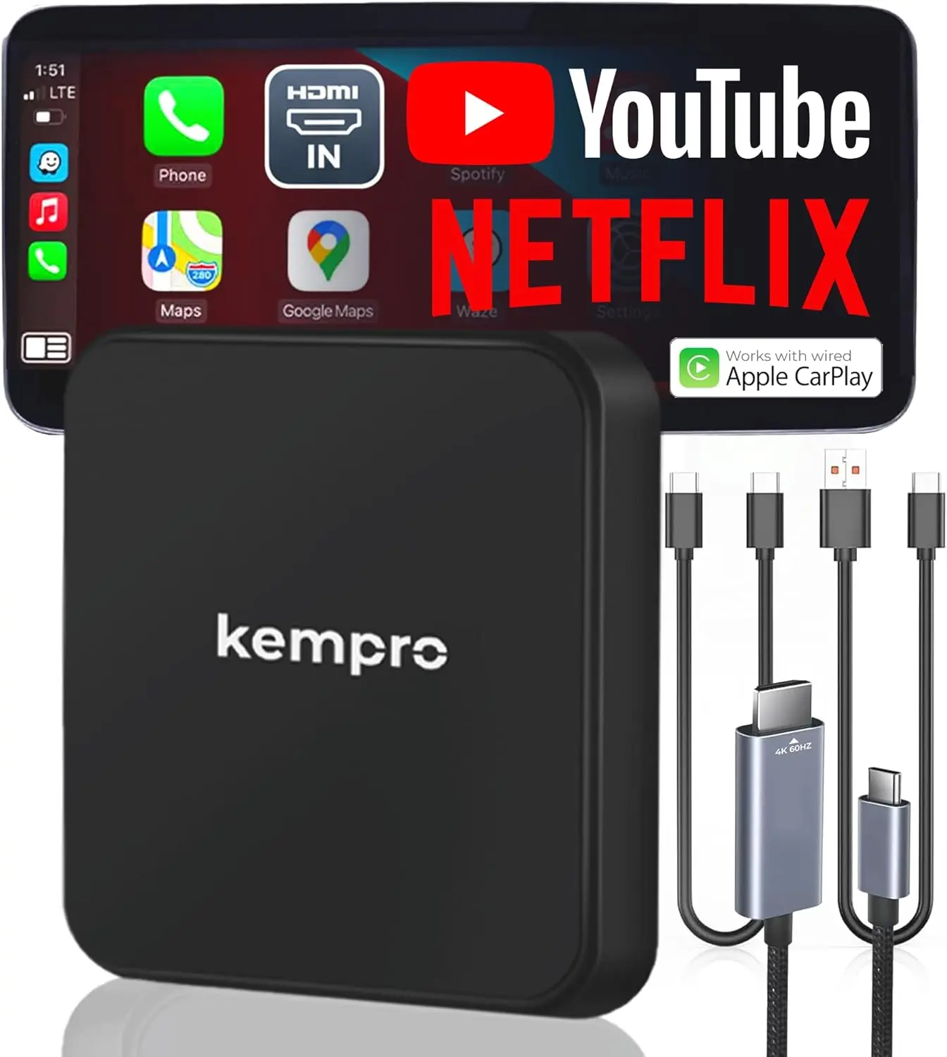 KemPro 2-in-1 Plug & Play HDMI Wireless CarPlay Adapter - Clean-Look Video Dongle for OEM Wired CarPlay USB A/C, Road Trips, Android Auto, HDMI Input, iOS 10+ iPhone Models, Fire TV Stick, Bluetooth, Car Electronics Accessory