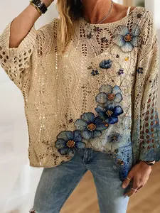 Women's Vintage Blue Gradient Floral Animal Print Batwing Knit Top, Casual Elegant Vacation Style, Comfortable Breathable Loose Fit