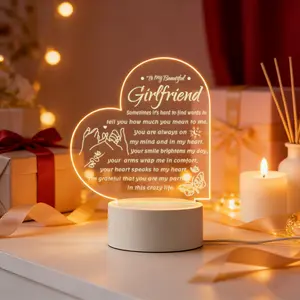 Romantic Heart Acrylic Night Light, Sentimental Love Gift for Girlfriend, Warm Desktop Bedroom Decor Lamp Valentine's Day Present
