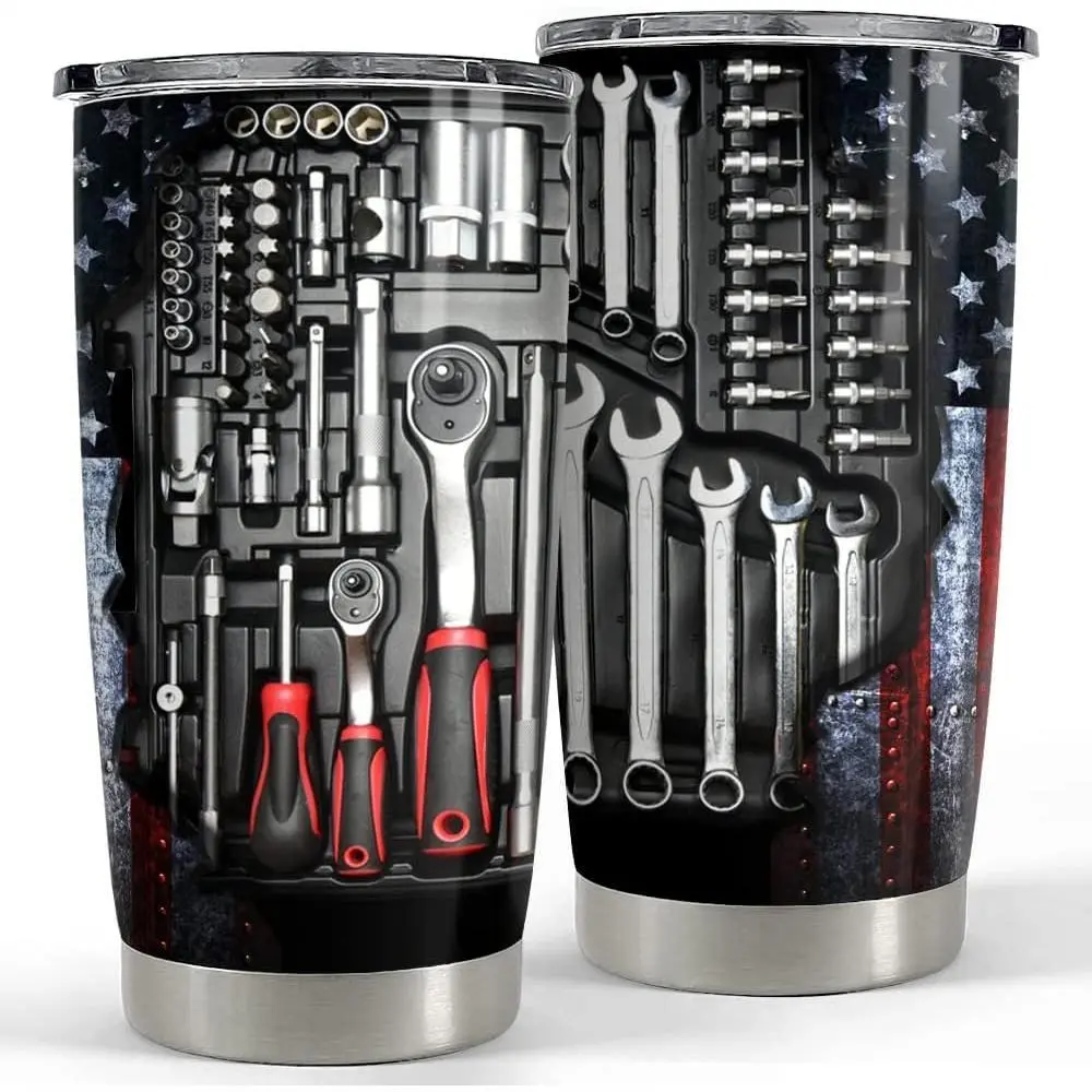 20oz Stainless Steel Vacuum Insulated Flask - 2D Wrench-Screwdriver Printed Graphic, Funny Auto Repair Dad Gift, Travel Coffee Cup, Garage Mechanics Father's Day Gift Idea