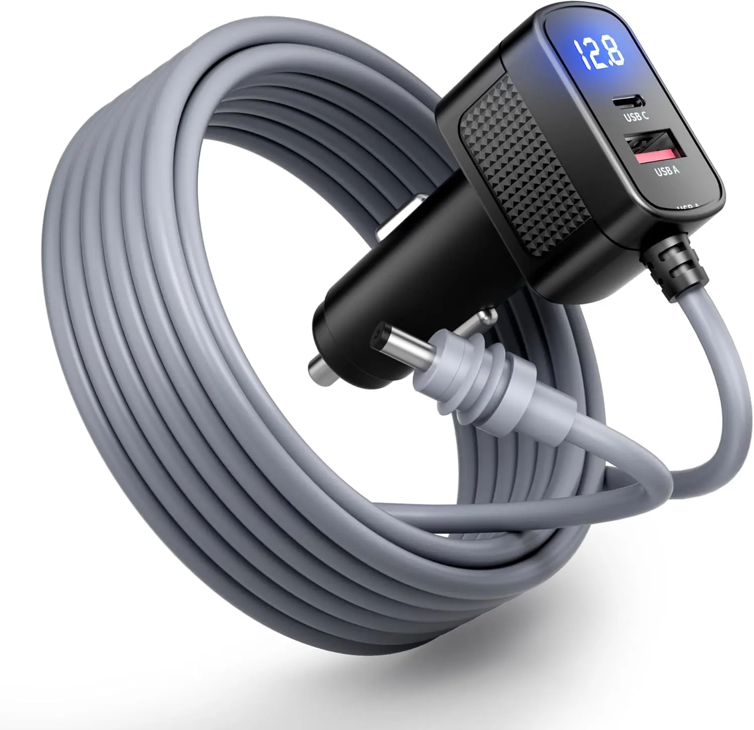 AXVIV Plug-and-Play 3-in-1 Cigarette Lighter Splitter for Starlink Mini, 10FT 18AWG Heavy Duty DC Power Cable with Voltage LCD, Dual Port Charger, USB Car Connector, 12V-24V Semi Truck Accessories, Gray Usb Powered Charging Fast Charging Solution Retracta