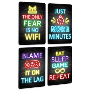 4pcs/set Video Gamer Room Metal Sign Decor for Teen Boys Gaming Wall Art Gamer Neon Sign Decorative Neon Sign