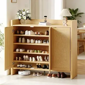 LH-GarveeShoe Storage Cabinet with Doors 47in Large Farmhouse Boho Wood Rack Rattan Doors Adjustable Shelves Light Oak Dark Oak Entryway Organizer Spacious 5 Tiers for Family Shoes